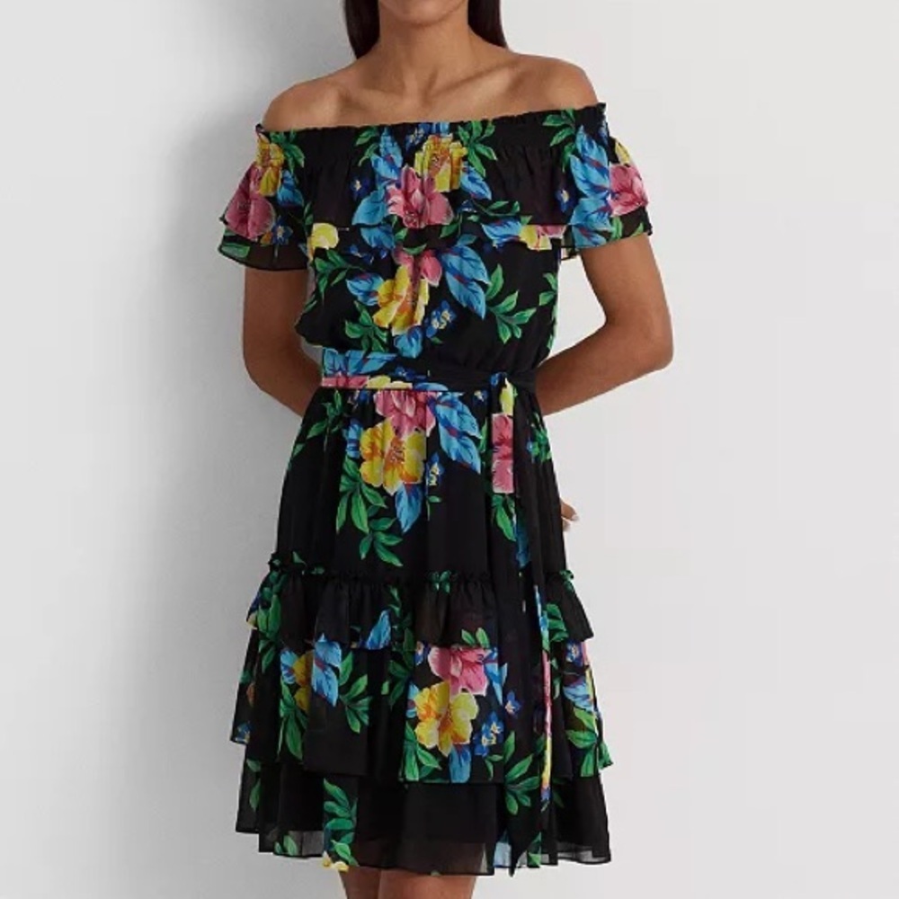 Lauren Ralph Lauren Black Label Floral Off-Shoulder Black Dress - Picture 6 of 12
